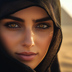 Naklejka premium Close-up portrait of a woman with captivating eyes, wearing a black veil, against the backdrop of the pyramids in Egypt, showcasing strength, heritage, and the mystique of the desert.