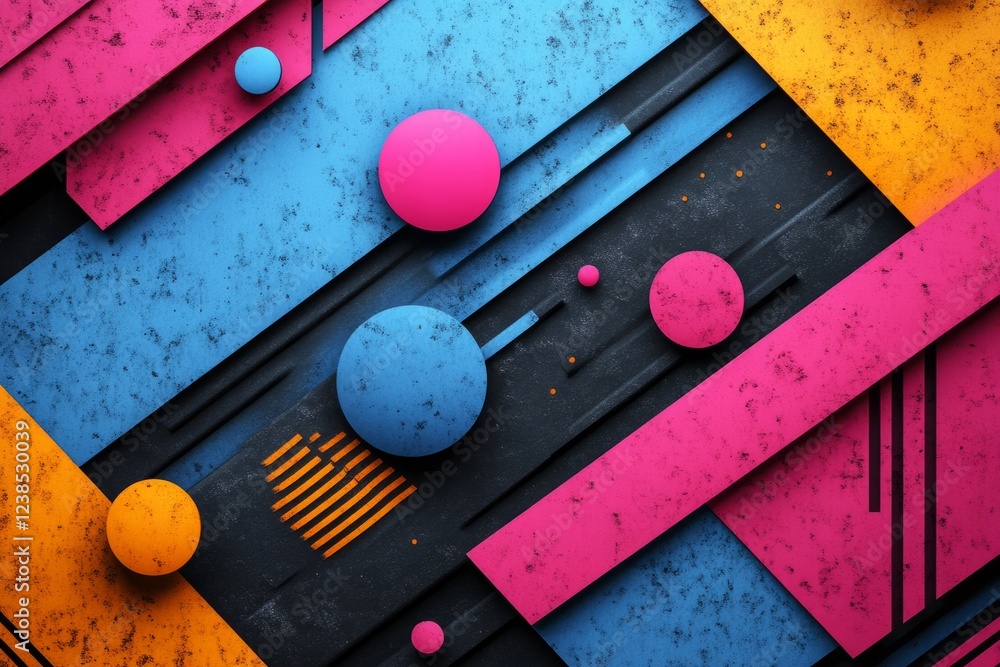 Poster abstract geometric shapes and vibrant colors create a dynamic visual composition.