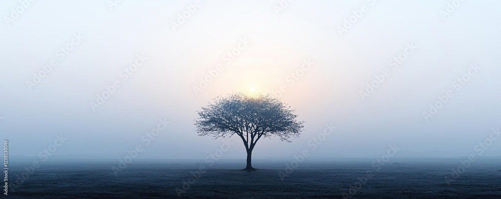 Poster climate change global warming concept. a solitary tree shrouded in mist with soft sunlight emerging 