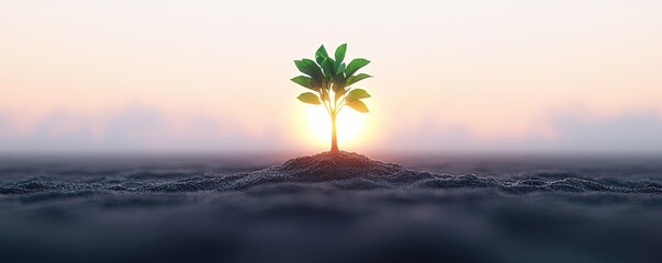 Climate change global warming concept. A lone tree stands resiliently against a vibrant sunset backdrop.