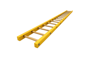 A sturdy yellow-painted wooden ladder with round rungs and metallic accents, designed for construction, maintenance, or accessing elevated areas, isolated on a transparent background