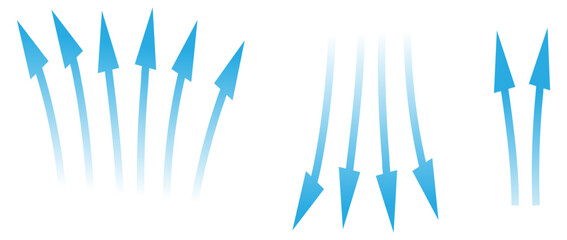 Air flow. Set of blue arrow showing air or wind flow. Wind direction arrows. Blue cold fresh stream from the conditioner. Vector illustration isolated on white background.eps10