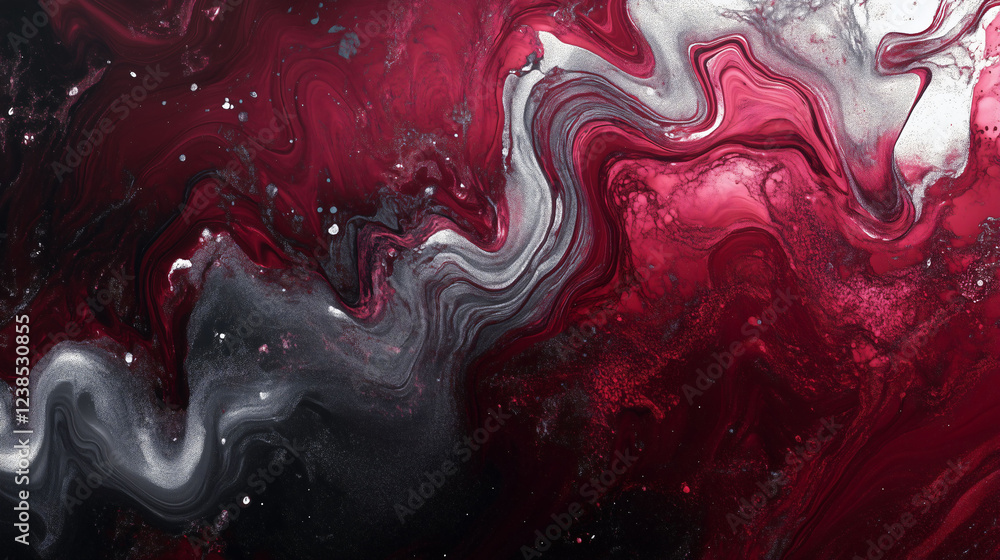 Poster rich swirls of dramatic liquid in deep red and silver tones create an expressive abstract background