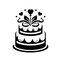 A delightful two-tiered wedding cake, adorned with hearts and elegant flourishes, symbolizing love and celebration. Perfect for wedding invitations, bakery logos, and romantic designs.