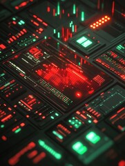 Obraz premium digital illustration presents a vibrant financial trading interface with glowing candlestick charts in red and green, set against a dark background, ideal for tech and investment content.
