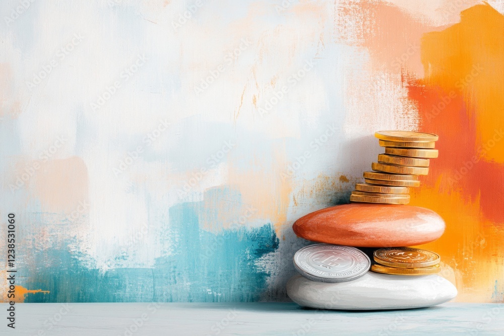 Poster a soft watercolor painting of a bar graph made of stacked gold coins, with a gradient background rep