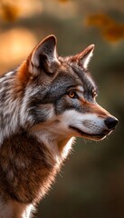 Fototapeta premium Close up portrait of a wolf highlighting its strong jawline and piercing eyes in gentle light