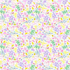 Colorful ribbons seamless pattern. Hand drawn watercolor illustration of confetti isolated on white background. Can be used for textile, fabric, scrapbook and other printed products.