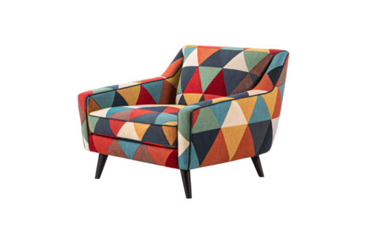 An armchair with a patchwork geometric pattern in red, blue, yellow, and green. Its modern design, curved armrests, and tapered legs provide both comfort, isolated on a transparent background