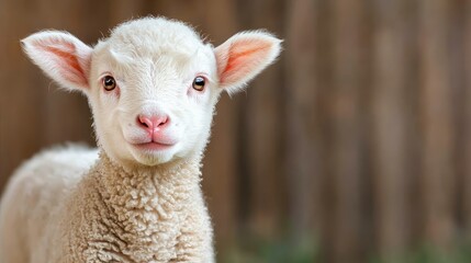 Obraz premium Cute lamb, farm background, spring, animal portrait, website banner