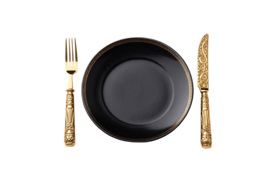 Black plate accented with intricate gold detailing and accompanied by richly adorned gold knife and fork. A statement in fine dining, isolated on a transparent background