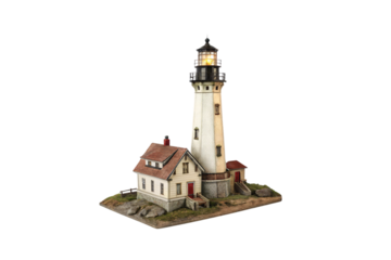 Coastal-inspired lighthouse with a tall white tower and a charming red-roofed keeper’s house, set amidst rocky terrain. Warm and welcoming glow, isolated on a transparent background