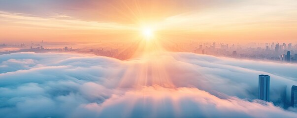 Fototapeta premium Greenhouse gas climate change idea. Stunning sunrise over city skyline with dramatic clouds and golden rays of light.