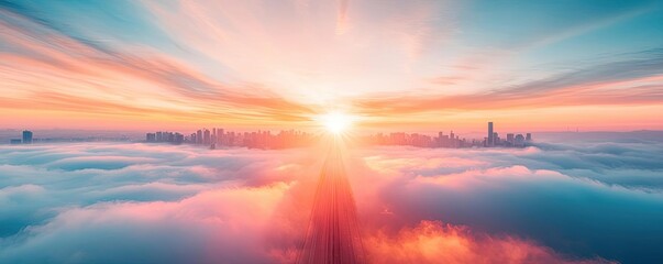Fototapeta premium Greenhouse gas climate change idea. Stunning sunrise over a city skyline emerging from vibrant clouds.