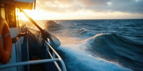 A north sea trawler, pulling in heavy nets overflowing with fresh fish
