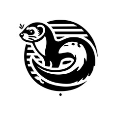 Ferret in a Circle: Black and White Vector Illustration of a Cute Animal.  Stylish and Elegant Graphic Design, Perfect for Nature Lovers and Pet Enthusiasts.