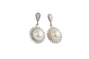 Drop earrings with large central pearls surrounded by sparkling rhinestones in a floral design, attached to teardrop-shaped crystal studs, isolated on a transparent background