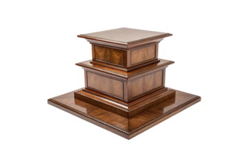 Elegant multi-tiered wooden pedestal with intricate edges and rich grain texture, polished for a timeless, classic furniture piece, isolated on a transparent background