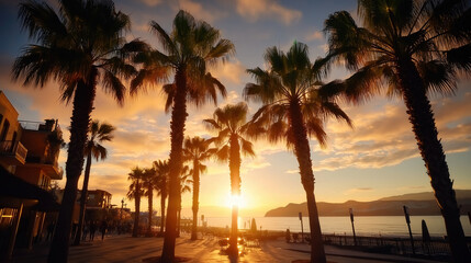 Obraz premium Silhouetted palm trees create a striking foreground against a stunning sunset, inviting thoughts of relaxation and adventure at the beach, perfect for a getaway
