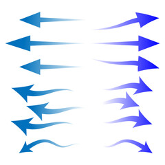 Air flow. Set of blue arrow showing air or wind flow. Wind direction arrows. Blue cold fresh stream from the conditioner. Vector illustration isolated on white background.eps10