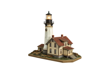 Intricately detailed model lighthouse with a glowing light, rustic red roofed buildings, and surrounding greenery. A perfect representation of coastal charm, isolated on a transparent background
