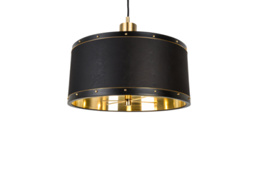 Industrial-style pendant lamp with a black exterior, golden interior, and rivet accents. Warm lighting adds character to modern interiors, isolated on a transparent background