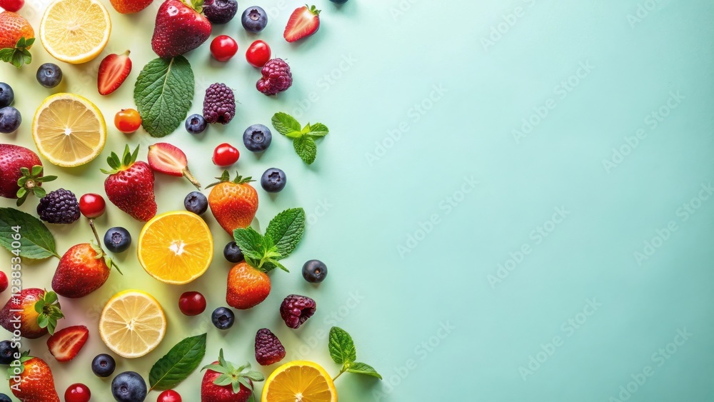 Poster vibrant summer fruit and citrus slices arranged on a pastel background for a refreshing design