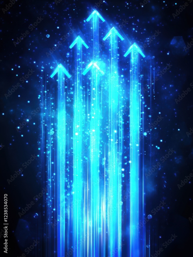 Poster abstract background with blue glowing arrows pointing upwards, representing growth and progress in t