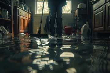 A person stands in a flooded kitchen, surrounded by water and debris, highlighting the aftermath of a significant water damage incident.