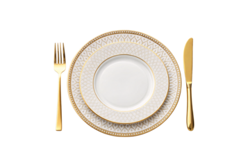 Modern white porcelain dinner set with clean gold detailing, complemented by sleek golden utensils for an elegant table presentation, isolated on a transparent background