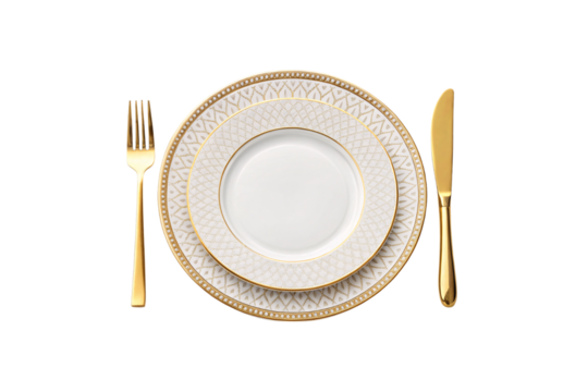 Modern white porcelain dinner set with clean gold detailing, complemented by sleek golden utensils for an elegant table presentation, isolated on a transparent background