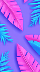 Naklejka premium Vibrant pink and blue tropical leaves on purple background