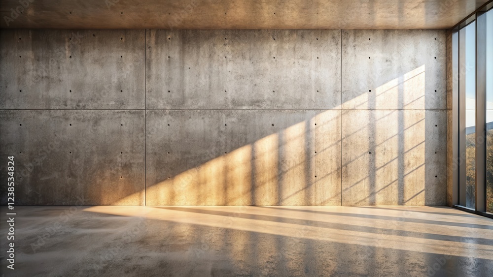 Poster empty concrete room with sunlight streaming through window