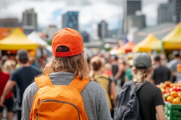 A vibrant city street bustling with life on the weekend, with food stalls, street performers, and people enjoying the sunshine