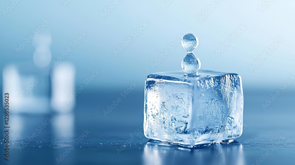 Poster greenhouse gas climate change idea. a close-up of a clear ice cube with a droplet on its surface aga