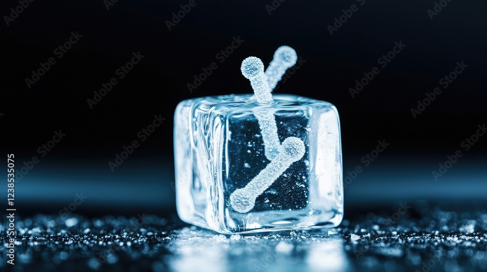 Poster Greenhouse gas climate change idea. Close-up of a clear ice cube with a unique structure against a dark background.