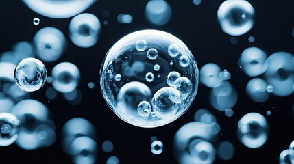 Greenhouse gas climate change idea. Close-up of transparent bubbles floating against a dark background, showcasing elegance.