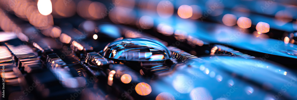 Poster close-up of reflective lens on textured surface with bokeh lighting