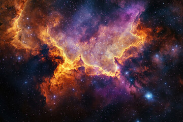 Fototapeta premium Expansive cosmic nebula glowing with fiery orange and deep blue hues in space.