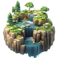 Serene waterfall landscape with lush greenery and blooming flowers in a tranquil setting