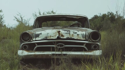 Fototapeta premium Rusted vintage car abandoned in field