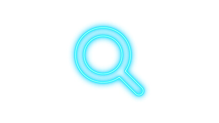 Neon symbol magnifying glass icon cyan color glow with transparent background