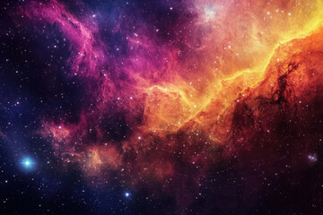 Fototapeta premium Dramatic deep-space nebula with radiant magenta and golden gaseous formations.