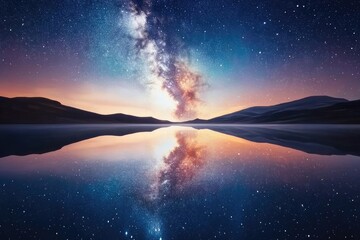 Milky Way galaxy reflected in a still lake at sunset, creating a breathtaking mirrored celestial landscape.
