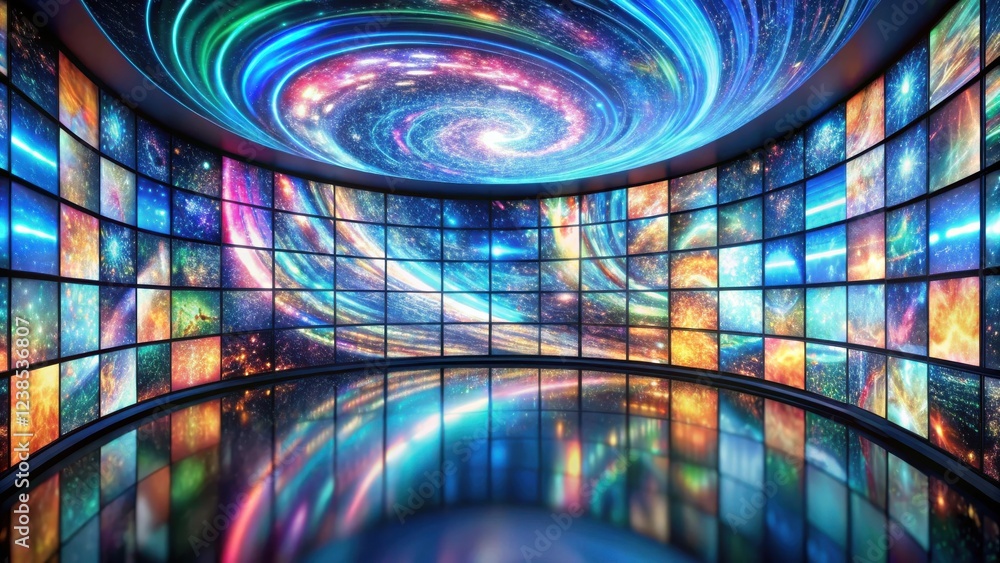 Poster immersive cosmic display a curated collection of nebulae and galaxies on multiple screens in a futur