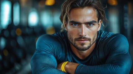 Fototapeta premium Intense Male Portrait: Athletic Man in Gym Setting, Moody Photography
