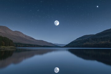 Serene night scene with a full moon reflecting on a calm lake surrounded by mountains under a starry sky.