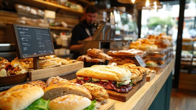 Delicious bakery sandwiches, pastries, cafe, city background