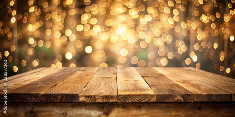 Aufkleber rustic wooden tabletop against a dreamy golden bokeh background ideal for product displays and festi