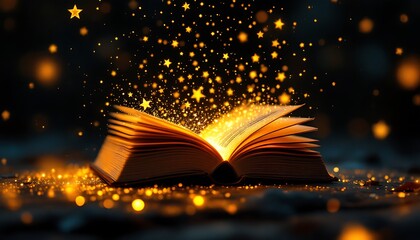 Magical Open Book with Glowing Stars Fantasy Image